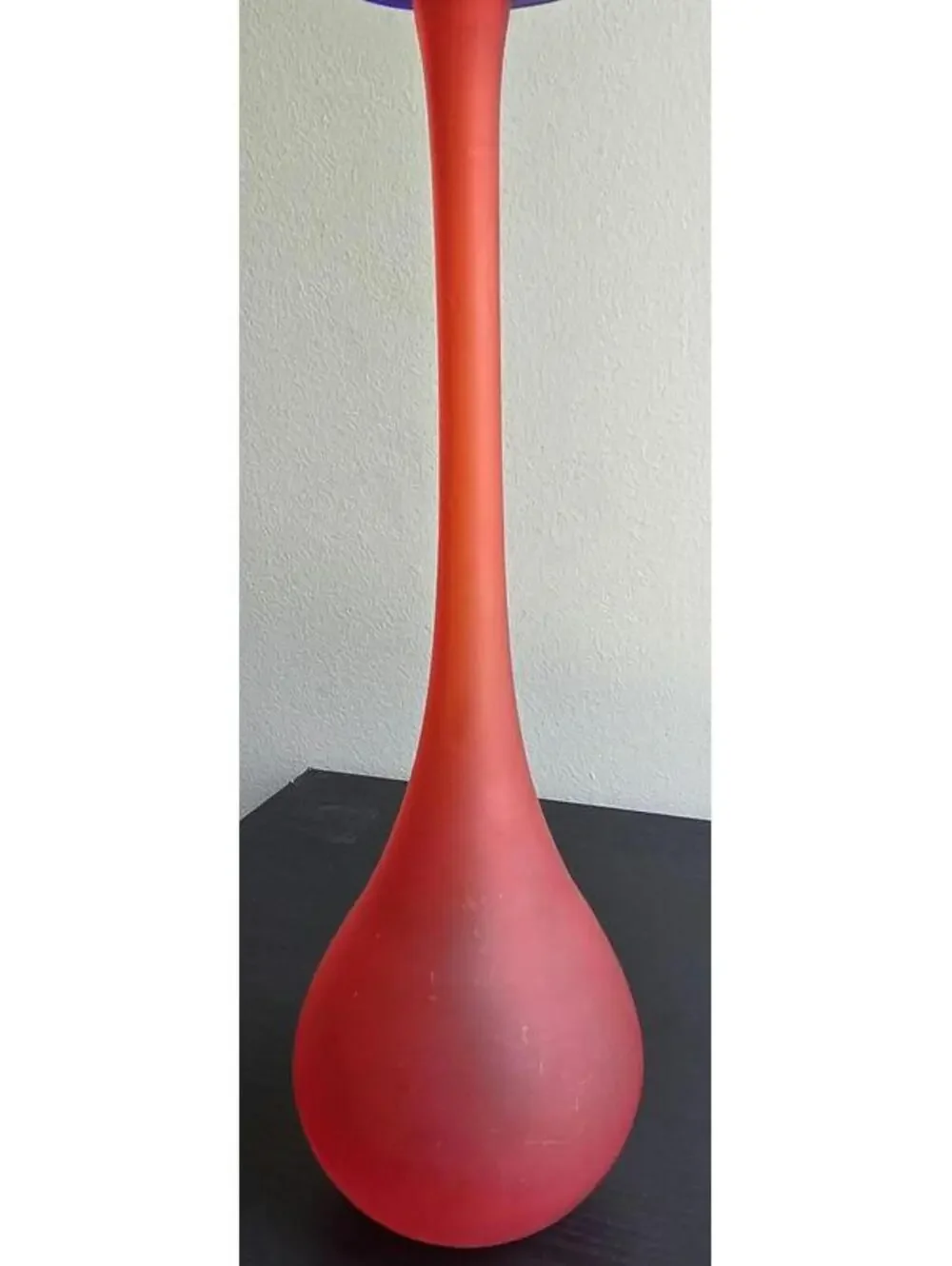 Vintage Murano Style Satin Red Art Glass Bud Vase Blue Rim Carlo Moretti Style